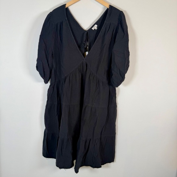 aerie Dresses & Skirts - Aerie Gauze 100% Cotton Tiered Babydoll Mini Dress XXL Black V-Neck Puff Sleeve